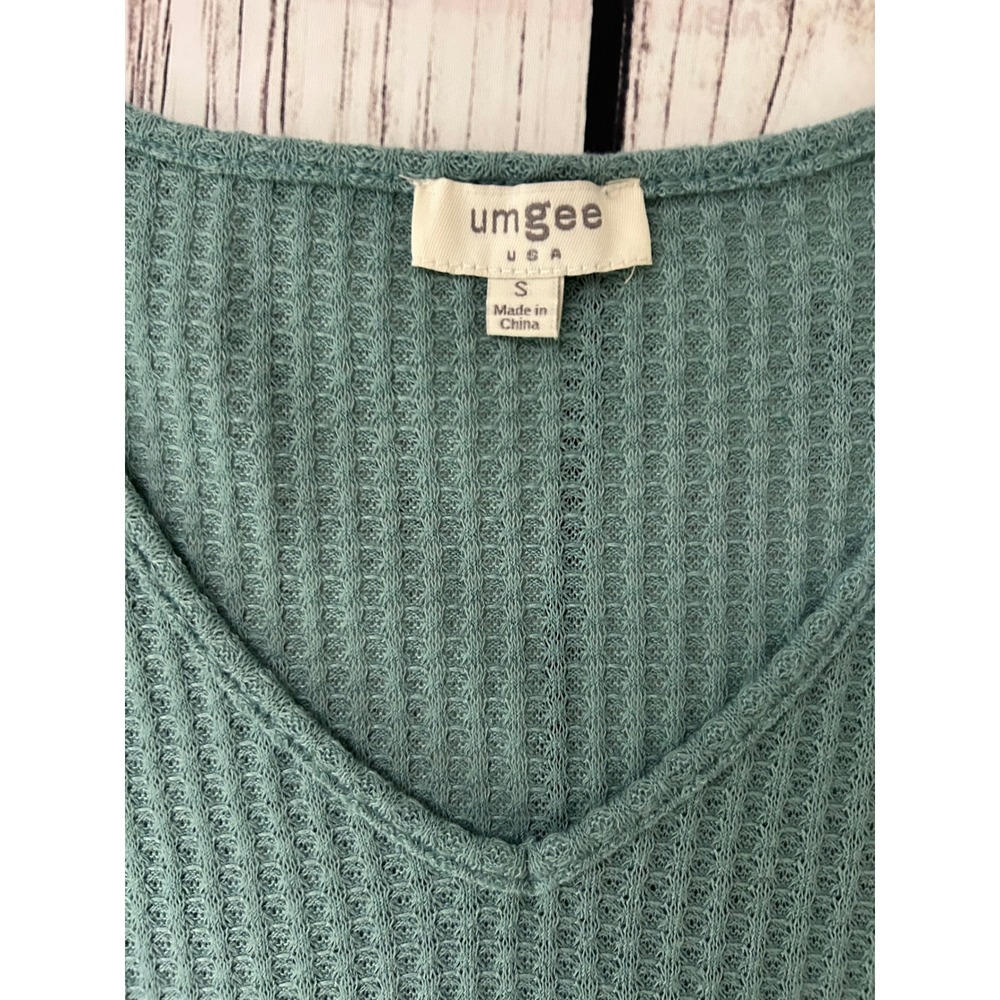 Umgee USA Sage Green Waffle Knit Mixed Print Balloon Sleeve Tunic Top S Boho - Picture 5 of 7